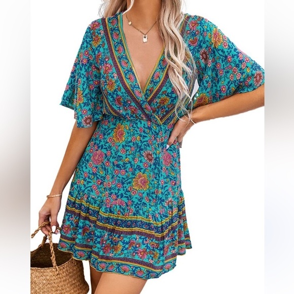 Summer Wrap V Neck Dresses Bohemian Floral Print Ruffle Swing XL - Picture 14 of 14